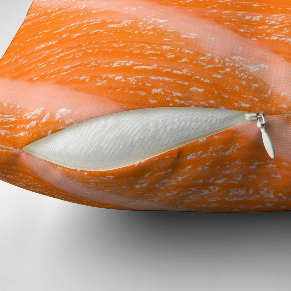 Realistic-looking salmon sushi and sashimi design on a plush, decorative pillow
