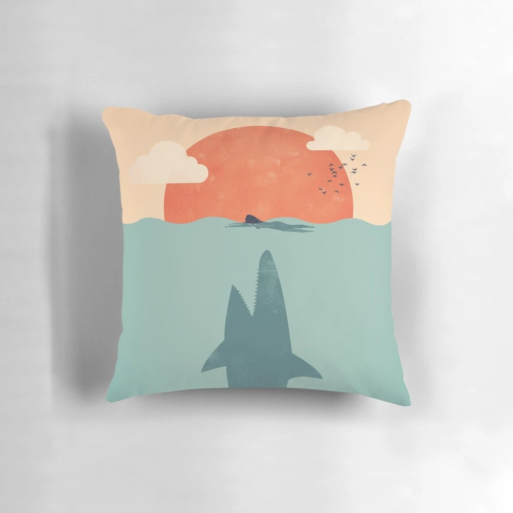Soft, plush pillow featuring a detailed shark design, ideal for Shark Week and ocean-themed decor.