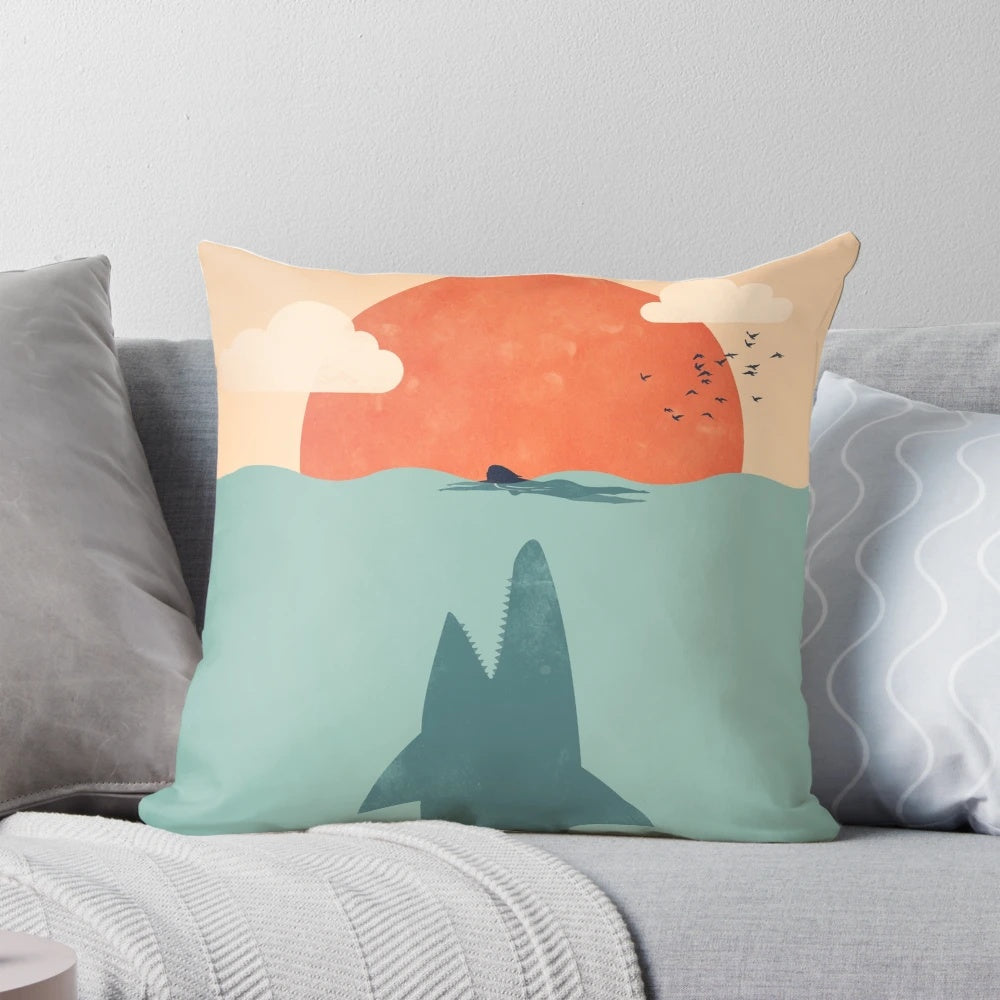 Soft, plush pillow featuring a detailed shark design, ideal for Shark Week and ocean-themed decor.