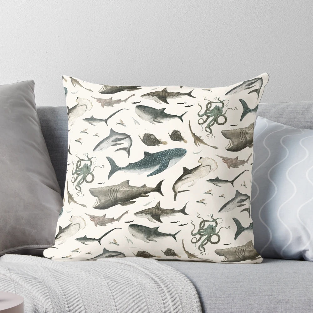 Soft, plush pillow featuring a realistic shark design, perfect for ocean and marine life enthusiasts.