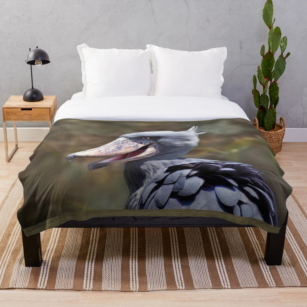 Shoebill plush blanket with detailed features of the wading bird