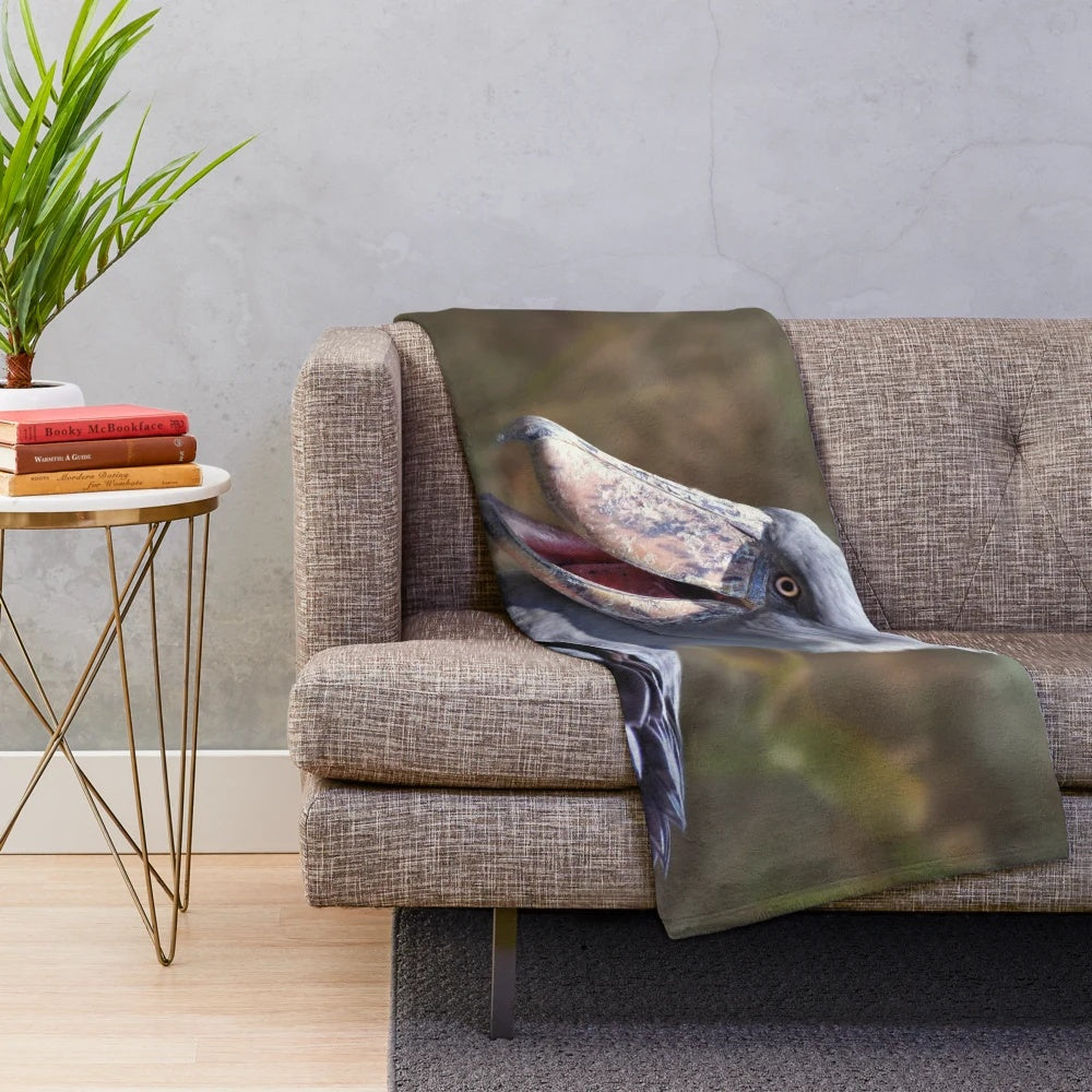 Shoebill plush blanket with detailed features of the wading bird