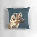 A high-quality throw pillow featuring a lifelike portrait of a spotted hyena, a wild animal known for its striking appearance.