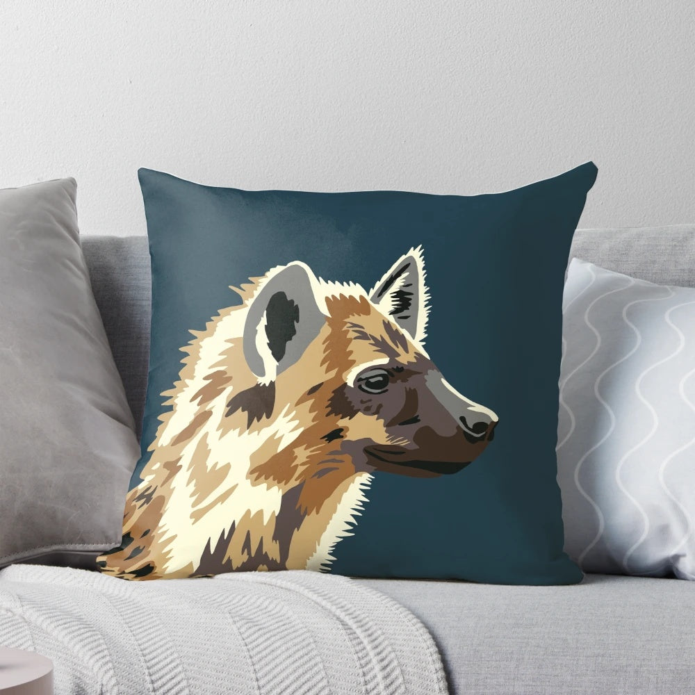 A high-quality throw pillow featuring a lifelike portrait of a spotted hyena, a wild animal known for its striking appearance.