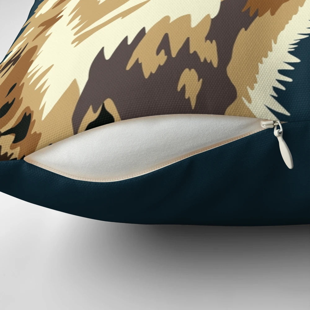 A high-quality throw pillow featuring a lifelike portrait of a spotted hyena, a wild animal known for its striking appearance.