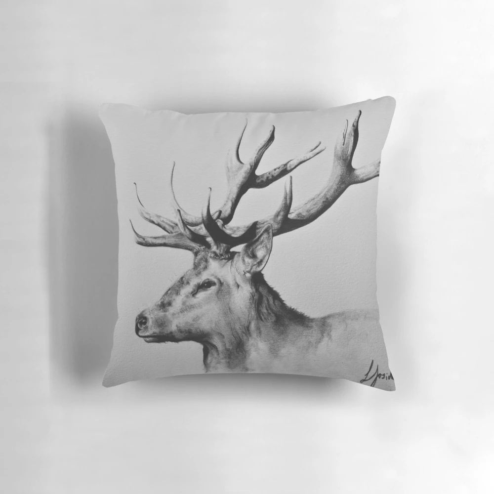 Detailed, hand-drawn pencil sketch of a large, majestic stag deer printed on a decorative pillow cover