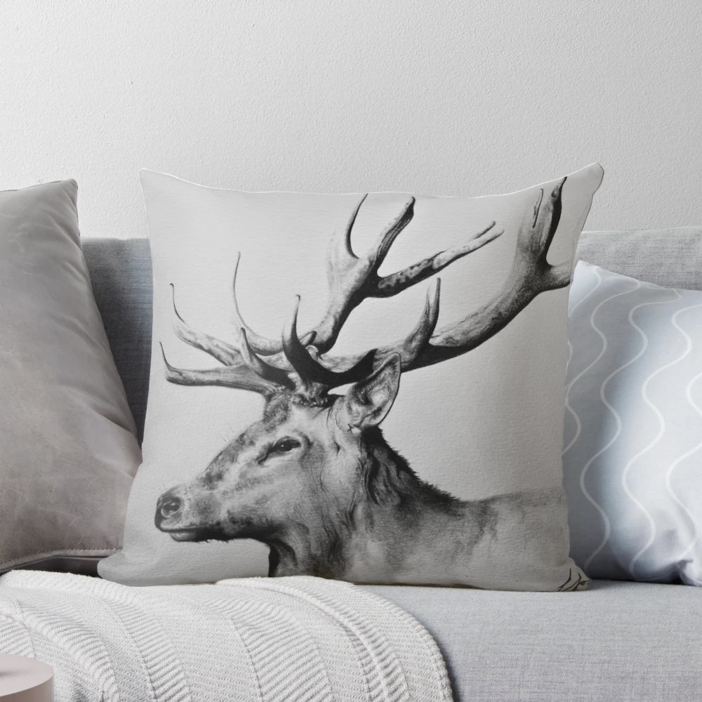 Detailed, hand-drawn pencil sketch of a large, majestic stag deer printed on a decorative pillow cover