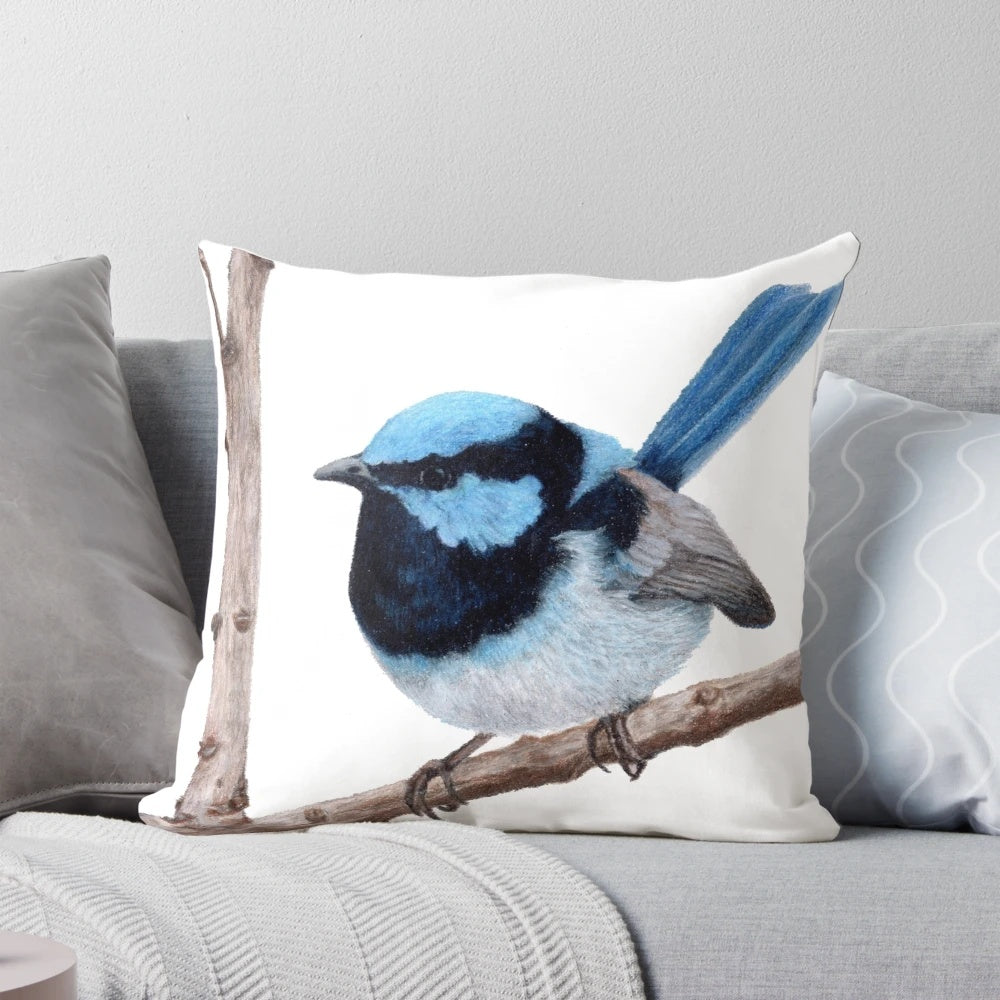 Realistic pencil sketch of a superb fairy-wren bird perched on a tree branch
