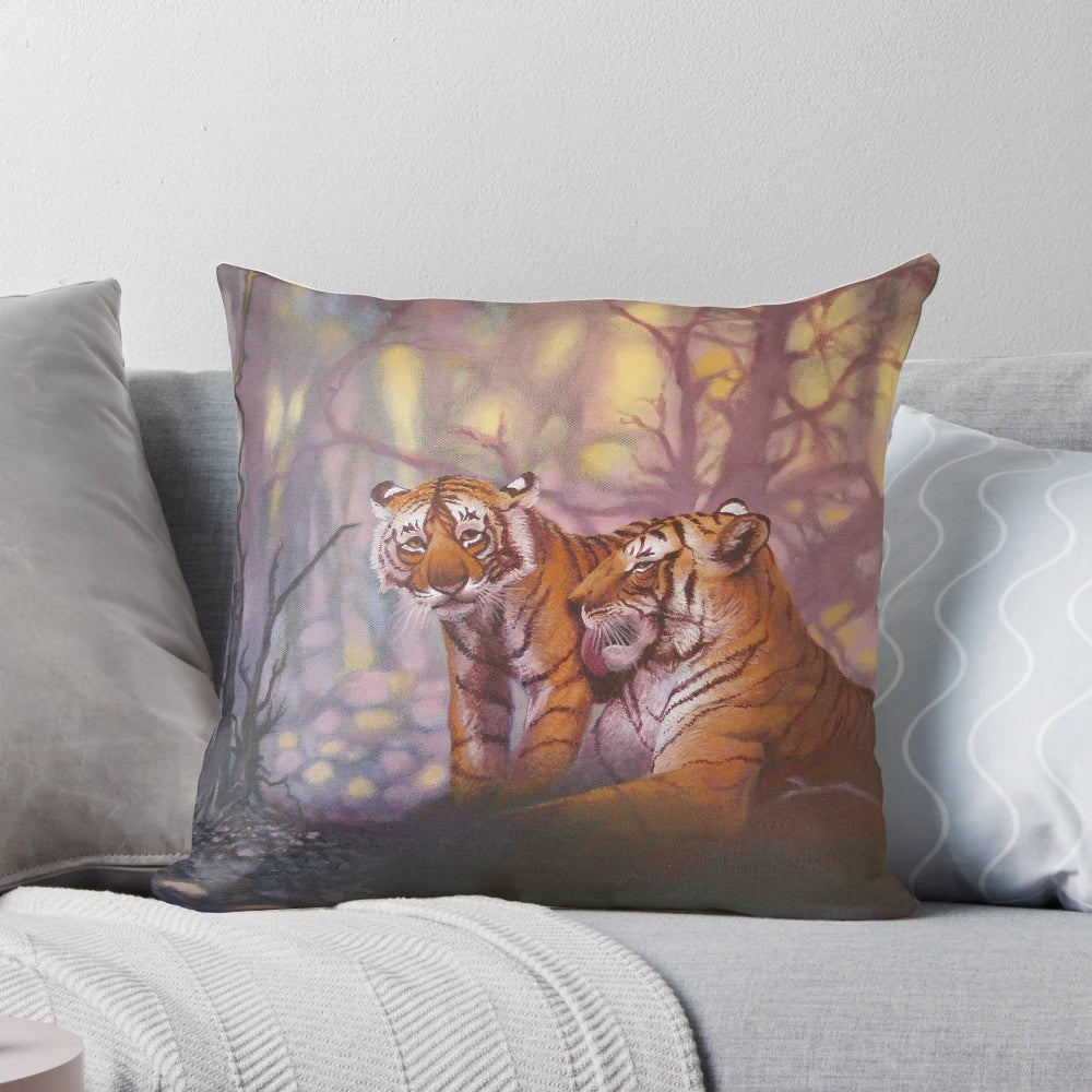 Realistic painting of a tiger cub on a plush, soft pillow