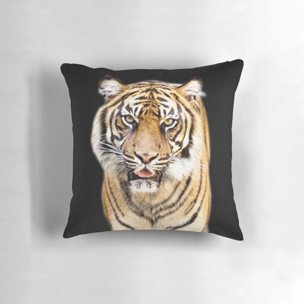 Realistic tiger print throw pillow with soft, plush fabric.