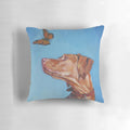 A high-quality decorative throw pillow featuring a realistic portrait painting of a beautiful Vizsla dog by artist L.A. Shepard.