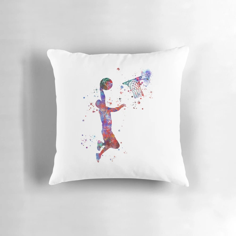 Watercolor image of a basketball player on a pillow for sports enthusiasts