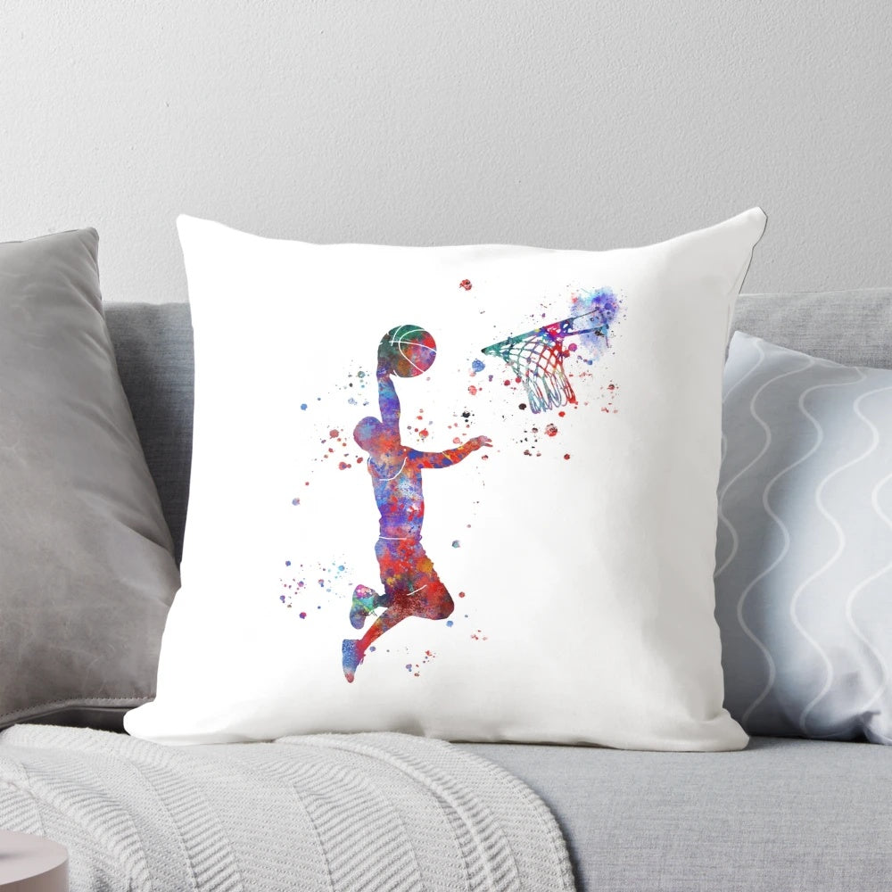 Watercolor image of a basketball player on a pillow for sports enthusiasts