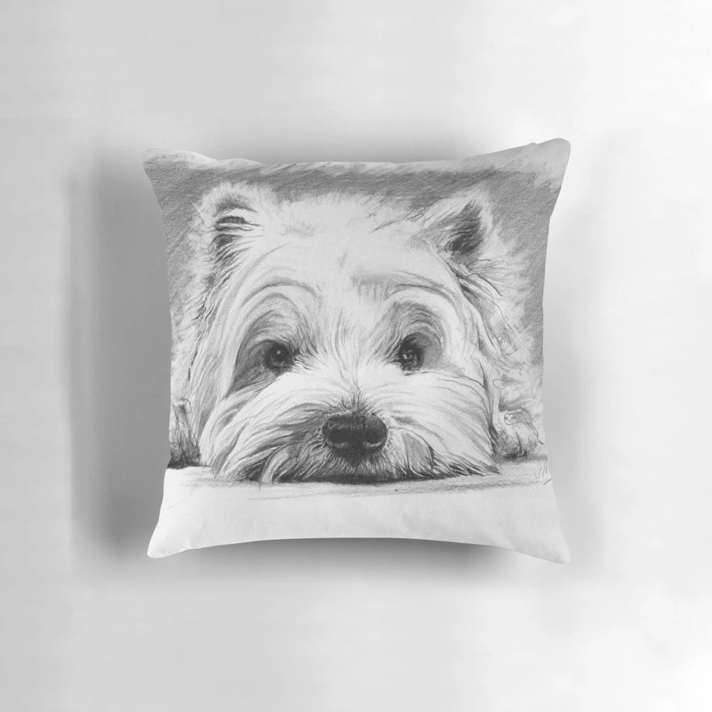 A detailed pencil drawing of a West Highland White Terrier dog