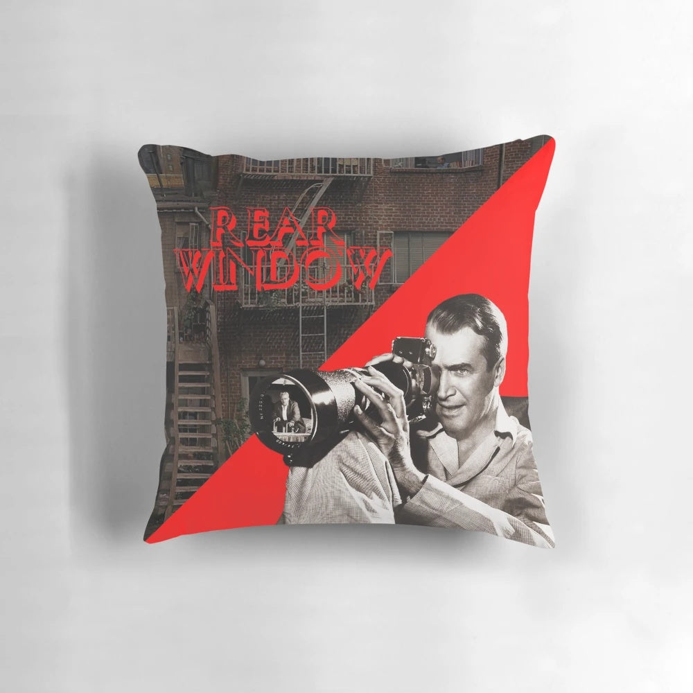 Throw pillow featuring a graphic inspired by the classic Hitchcock film "Rear Window