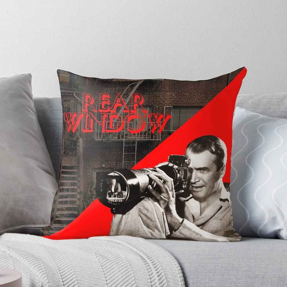 Throw pillow featuring a graphic inspired by the classic Hitchcock film "Rear Window