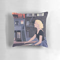 Rear Window pencil illustration pillow featuring iconic Hitchcock movie facade