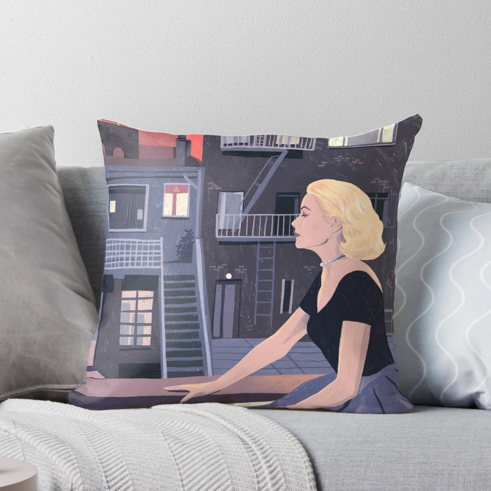 Rear Window pencil illustration pillow featuring iconic Hitchcock movie facade