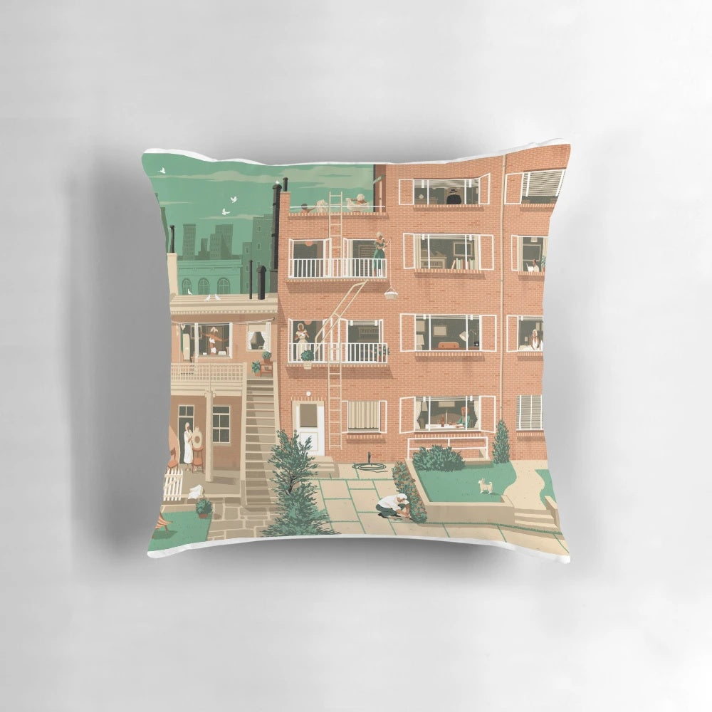 Rear Window Pillow featuring Hitchcock's classic movie set in Greenwitch Village, New York City