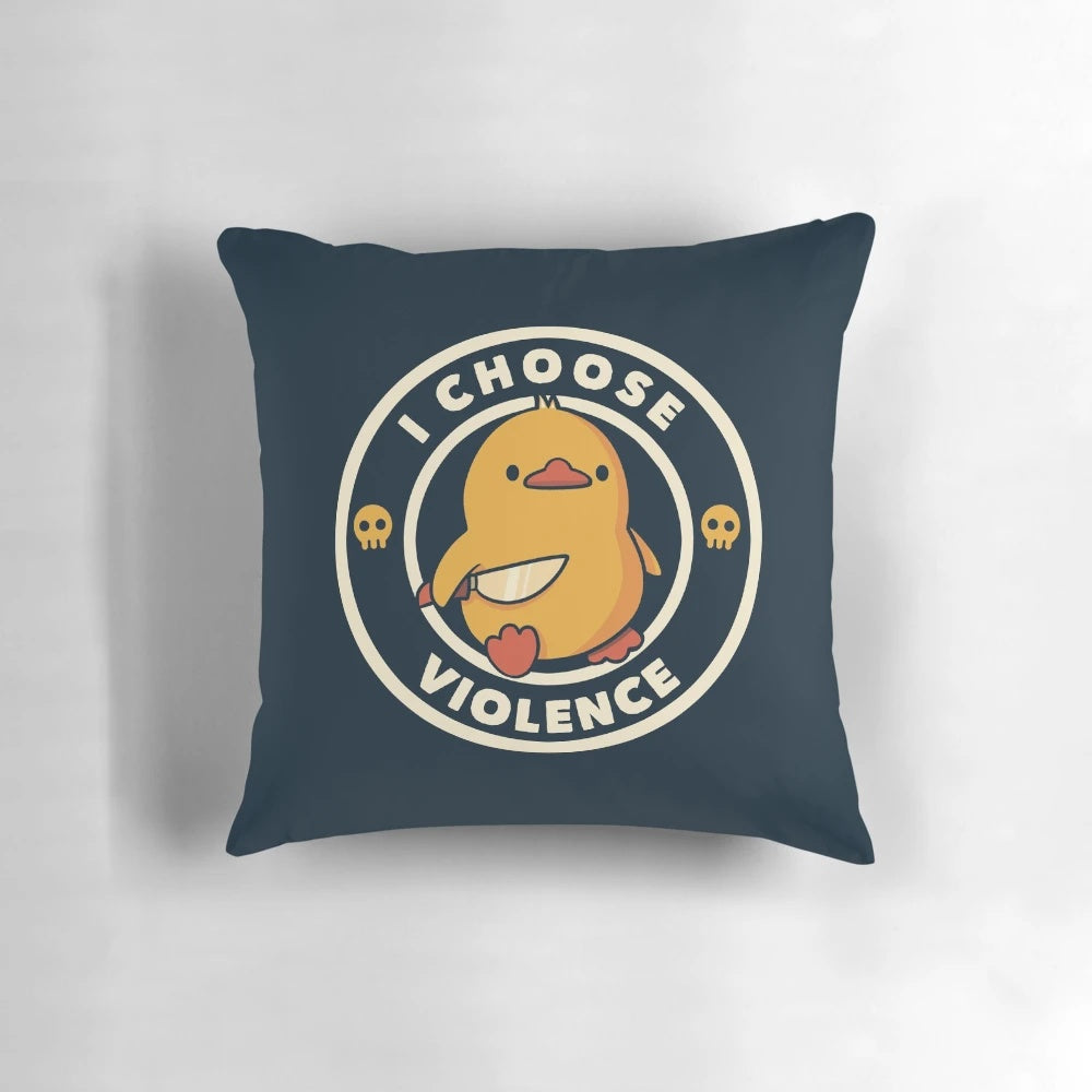 Pillow featuring a duck with a skull design, expressing a rebellious and violent attitude