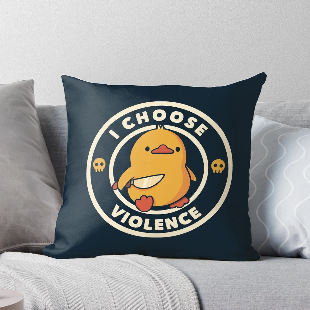 Pillow featuring a duck with a skull design, expressing a rebellious and violent attitude
