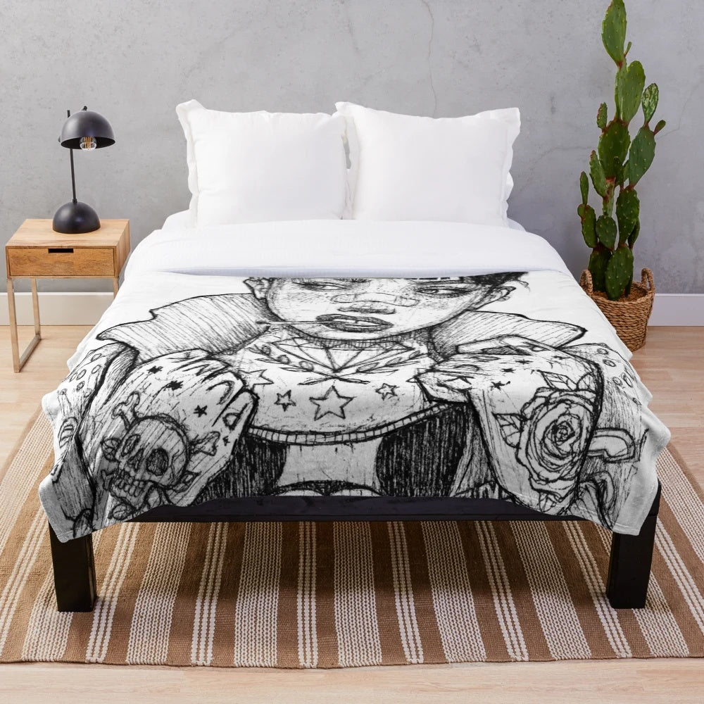 Plush blanket with a bad girl, punk rock, retro tattoo design
