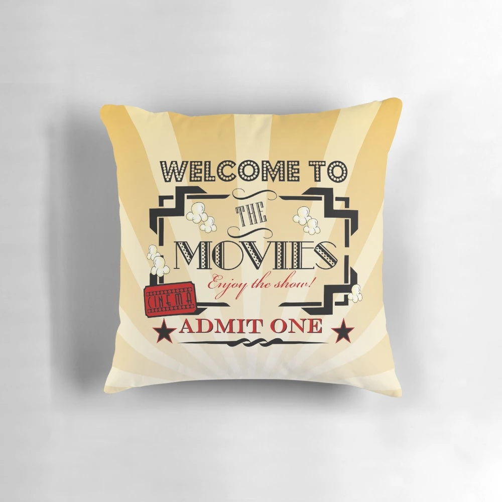 Red decorative movie theater themed pillow with "Admit One" text