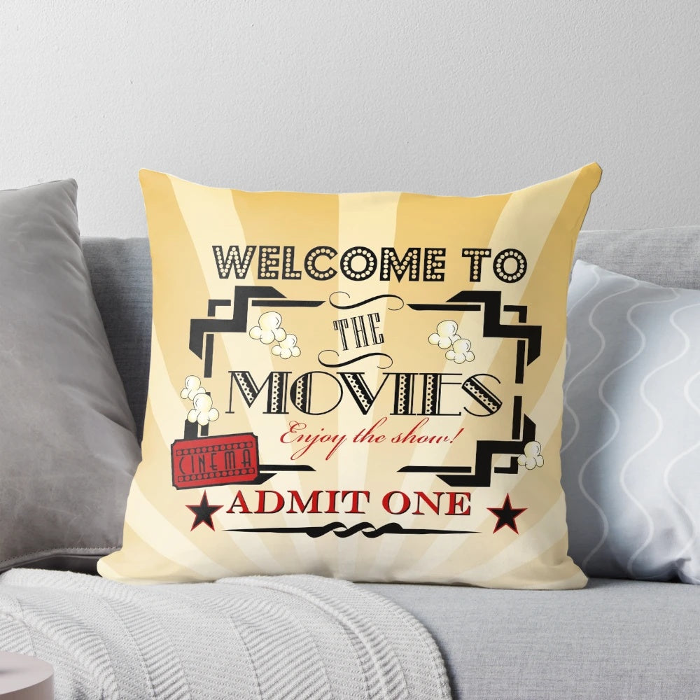 Red decorative movie theater themed pillow with "Admit One" text