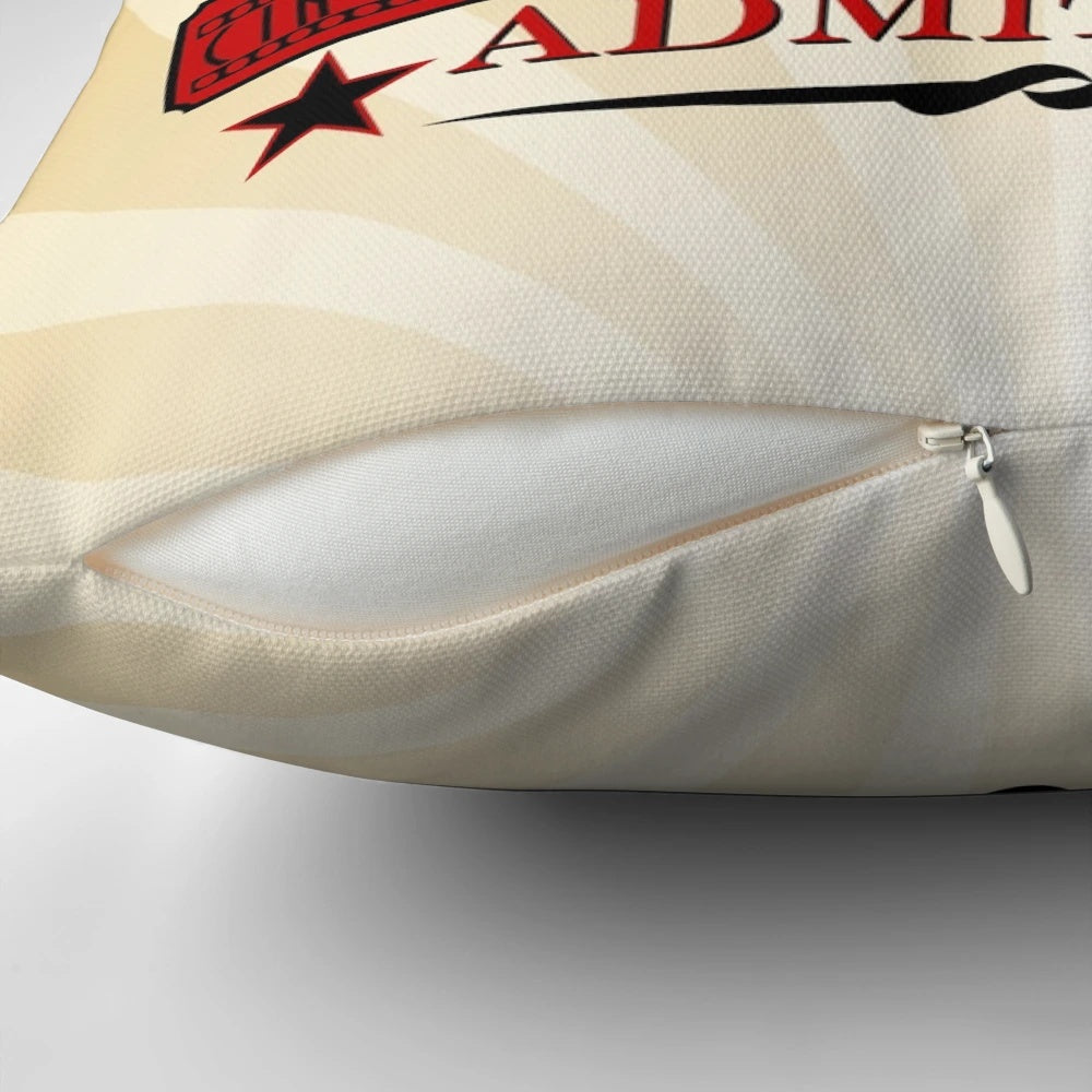 Red decorative movie theater themed pillow with "Admit One" text
