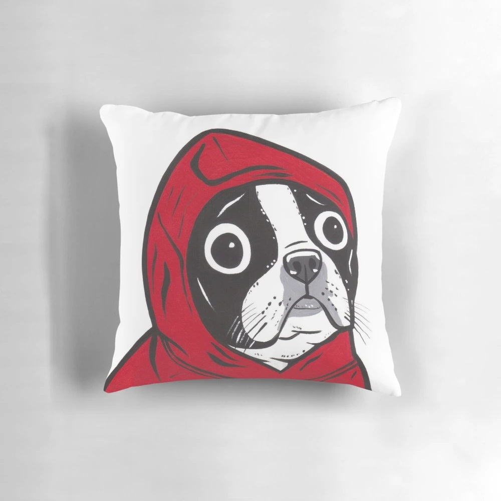 Boston Terrier in a red hoodie, depicted in a vibrant, colorful pop art style pillow