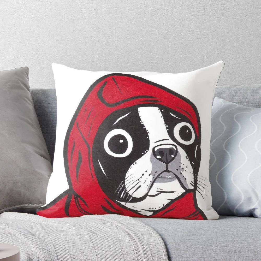 Boston Terrier in a red hoodie, depicted in a vibrant, colorful pop art style pillow
