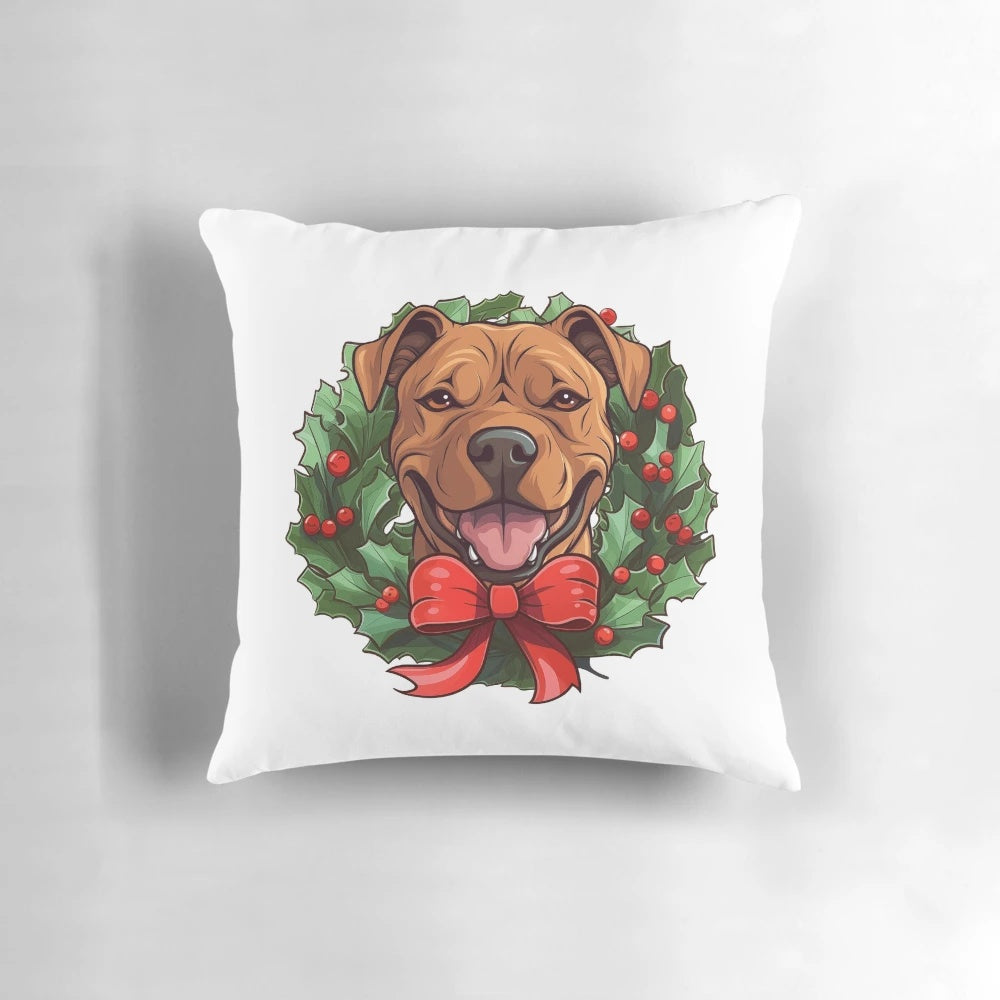 Red brown pitbull dog lying on a festive Christmas wreath dog pillow