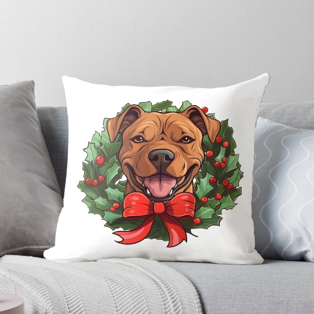 Red brown pitbull dog lying on a festive Christmas wreath dog pillow