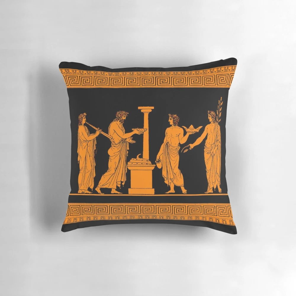 Red figure Greek vase offering scene design on a decorative throw pillow