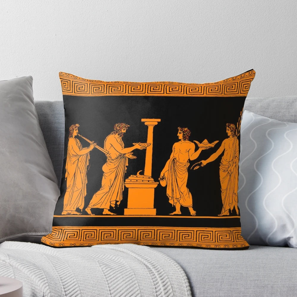 Red figure Greek vase offering scene design on a decorative throw pillow