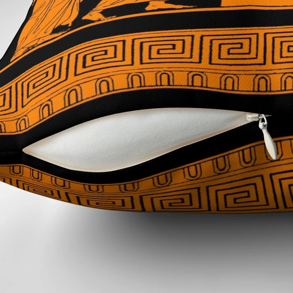 Red figure Greek vase offering scene design on a decorative throw pillow