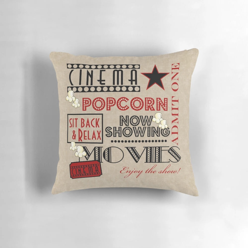 Red movie theater-inspired accent pillow for home cinema decor