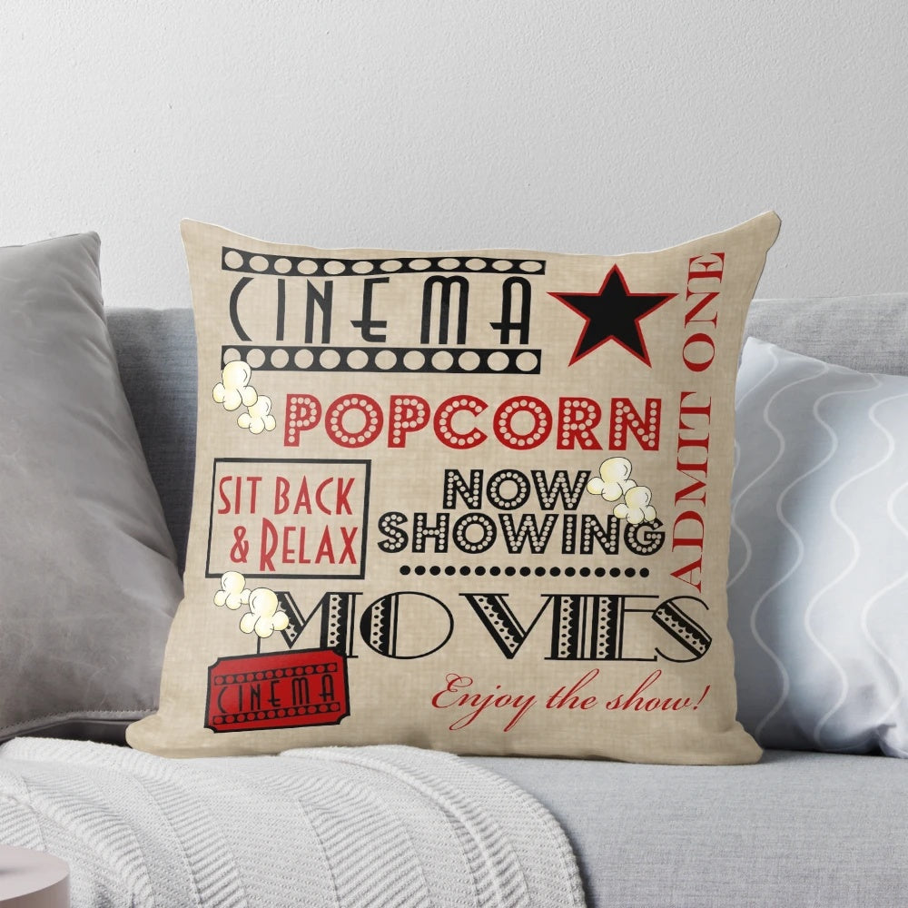 Red movie theater-inspired accent pillow for home cinema decor