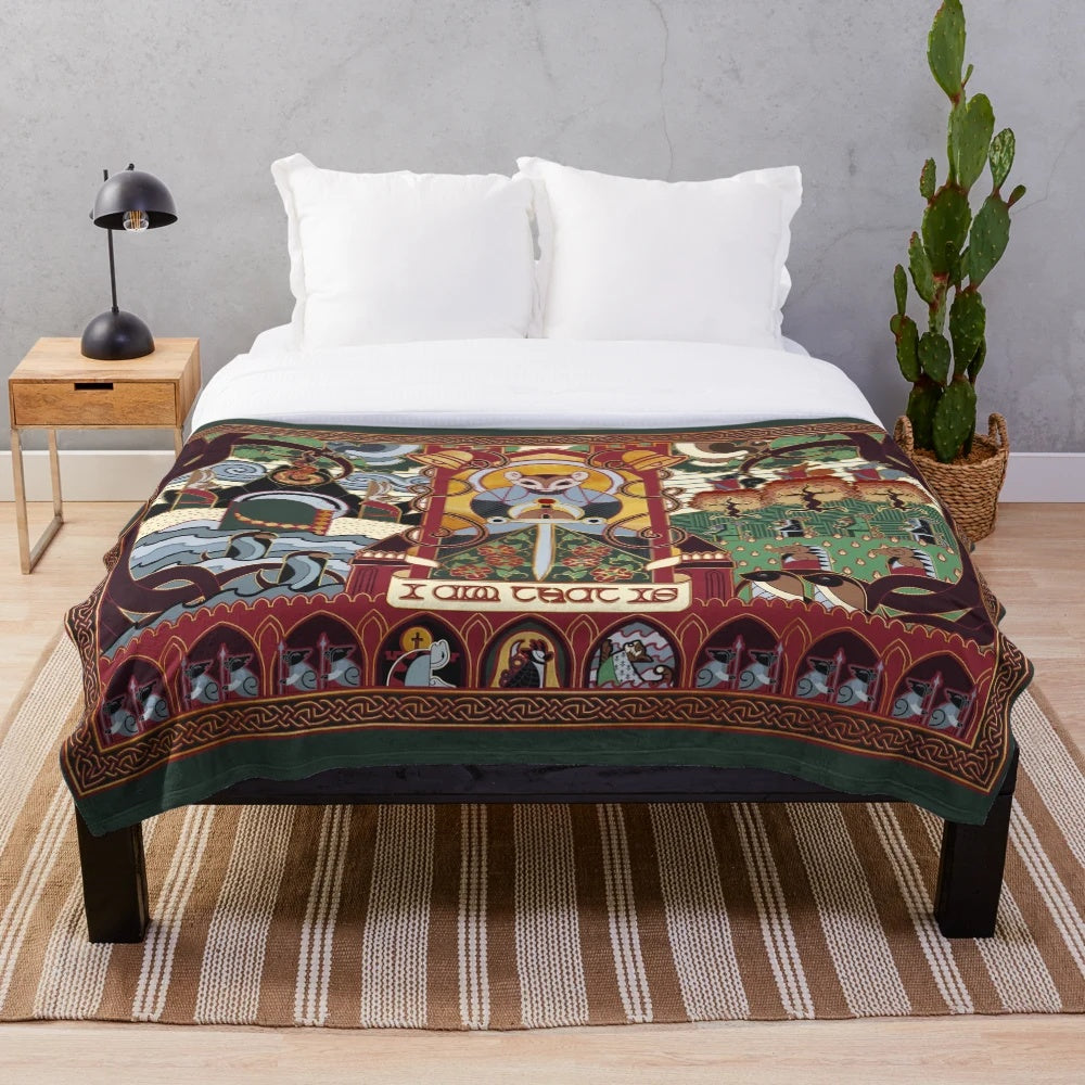 Redwall-inspired Martin the Warrior plush blanket featuring tapestry design