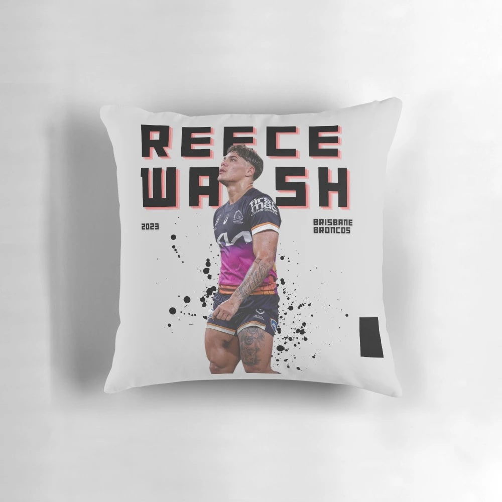 Reece Walsh inspired rugby league pillow with Brisbane Broncos and Australian footy graphics