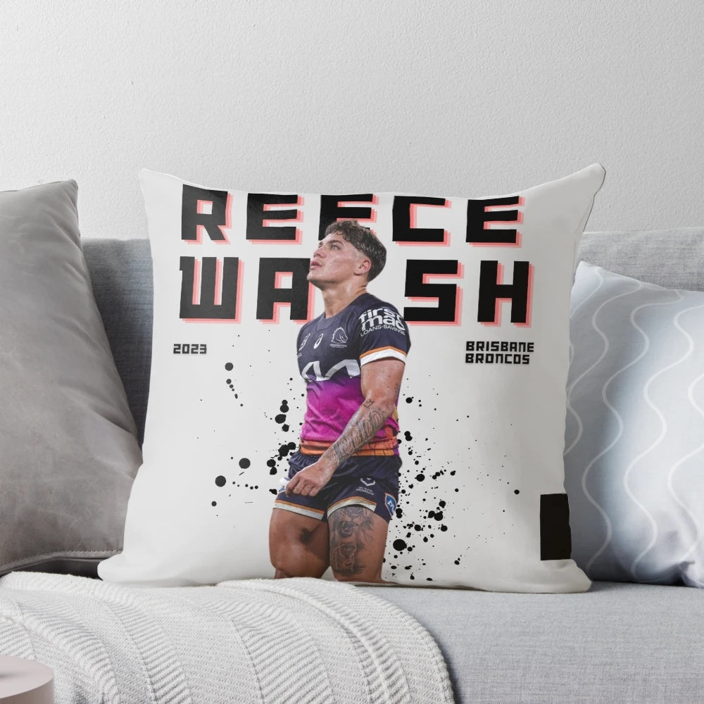 Reece Walsh inspired rugby league pillow with Brisbane Broncos and Australian footy graphics