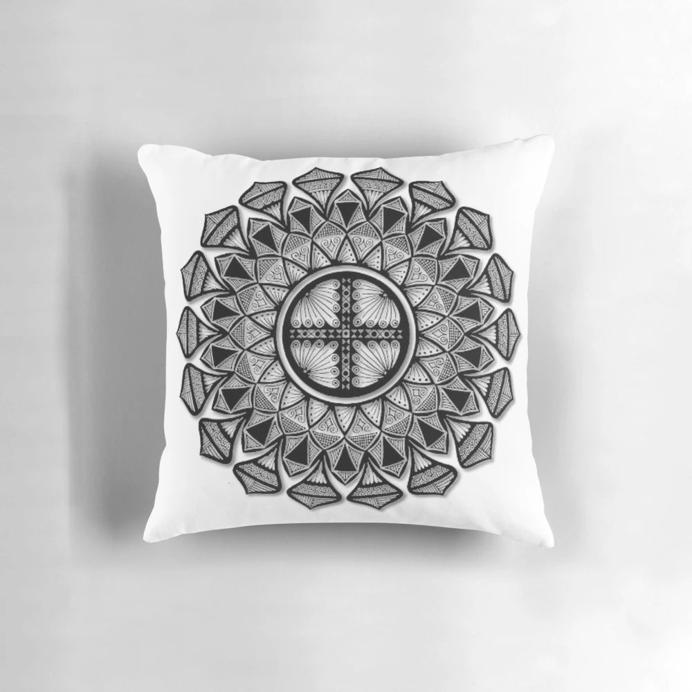 Pillow featuring a reflective mandala design, promoting balance and harmony.
