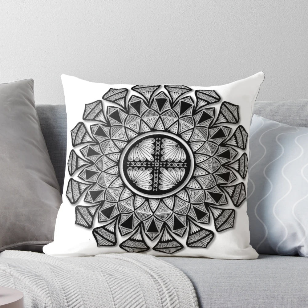 Pillow featuring a reflective mandala design, promoting balance and harmony.