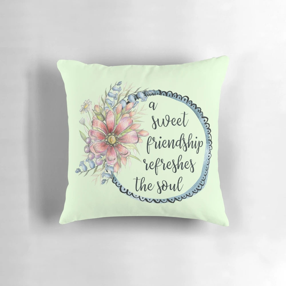 A soft, decorative pillow featuring an inspirational bible verse about friendship