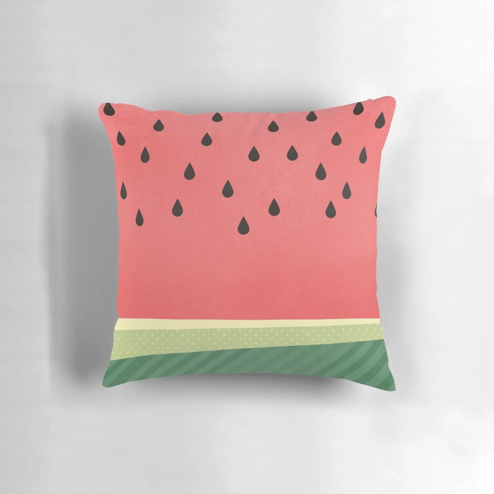 Vibrant watermelon-patterned decorative pillow with stripes and polka dots