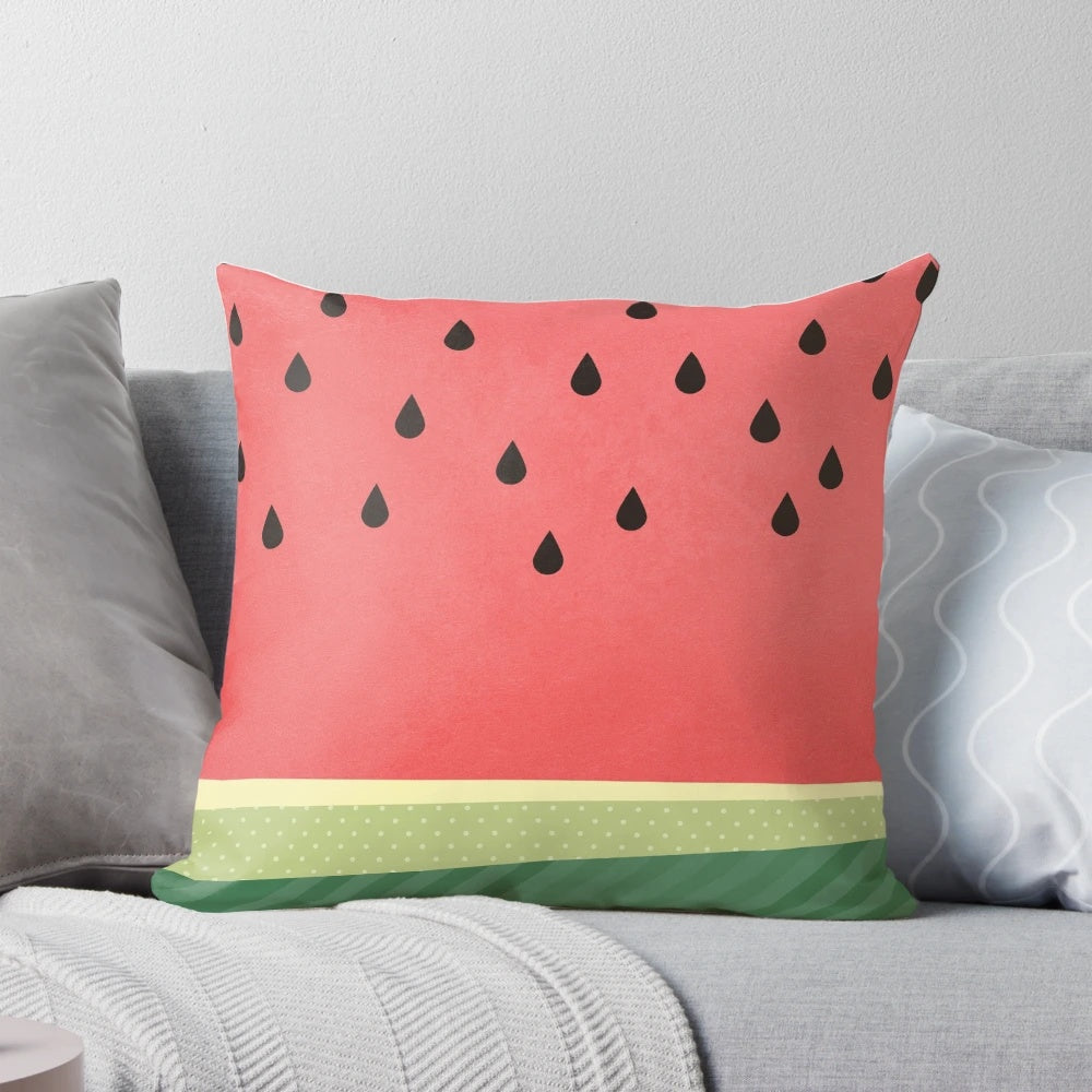 Vibrant watermelon-patterned decorative pillow with stripes and polka dots