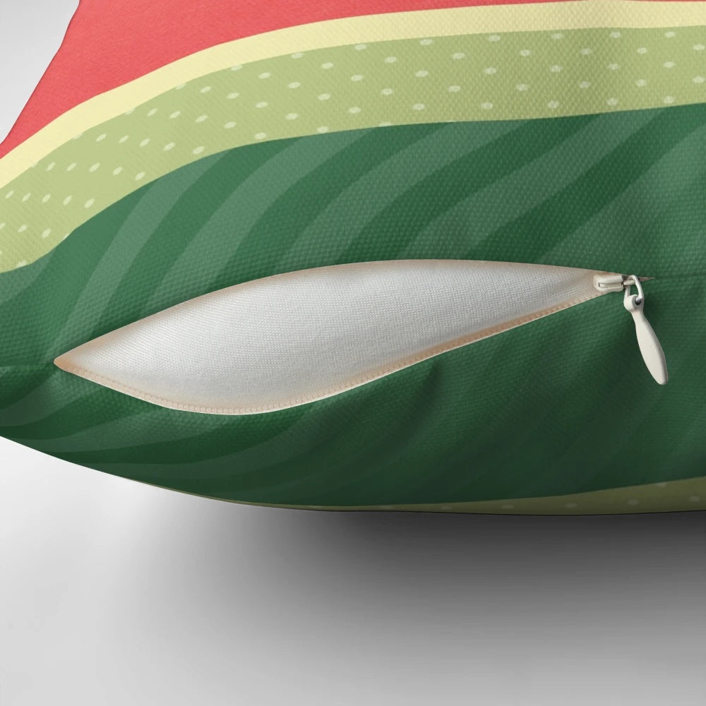 Vibrant watermelon-patterned decorative pillow with stripes and polka dots