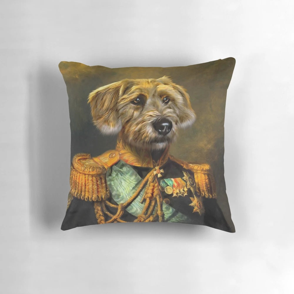 Regal anthropomorphic dog portrait featured on a decorative Doogle pillow