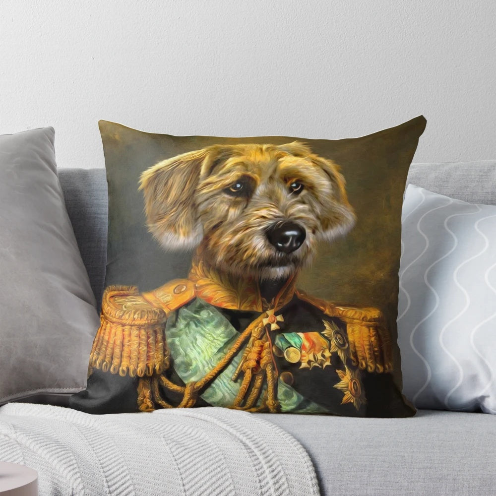 Regal anthropomorphic dog portrait featured on a decorative Doogle pillow
