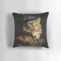 A decorative renaissance-inspired cat pillow with a noble and sophisticated design.